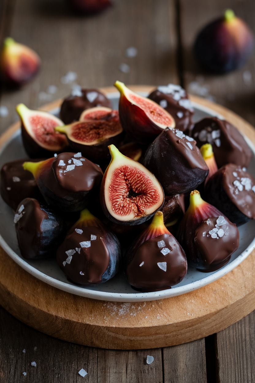 Photo of an indoor platter lined with half-dipped figs in glossy dark chocolate, sprinkled with sea salt; no text or logos