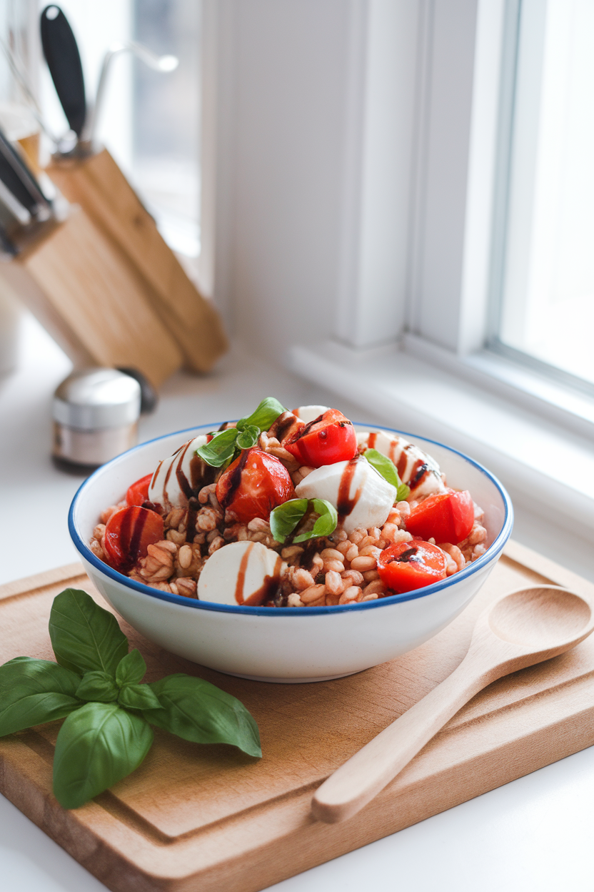 Photo, indoor bright kitchen setting with a bowl of cooked farro mixed with halved cherry tomatoes, mozzarella pearls, basil ribbons, and balsamic drizzle; no text or logos.