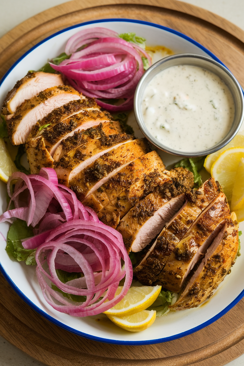 Indoor platter of shawarma-spiced chicken breast slices with pickled red onions and garlic sauce, no logos. Photo.