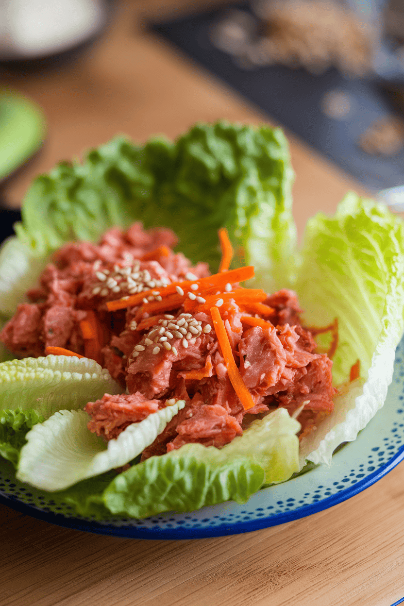 Indoor plate lined with crisp romaine leaves filled with spicy tuna salad and shredded carrots. Photo only, no logos or text.