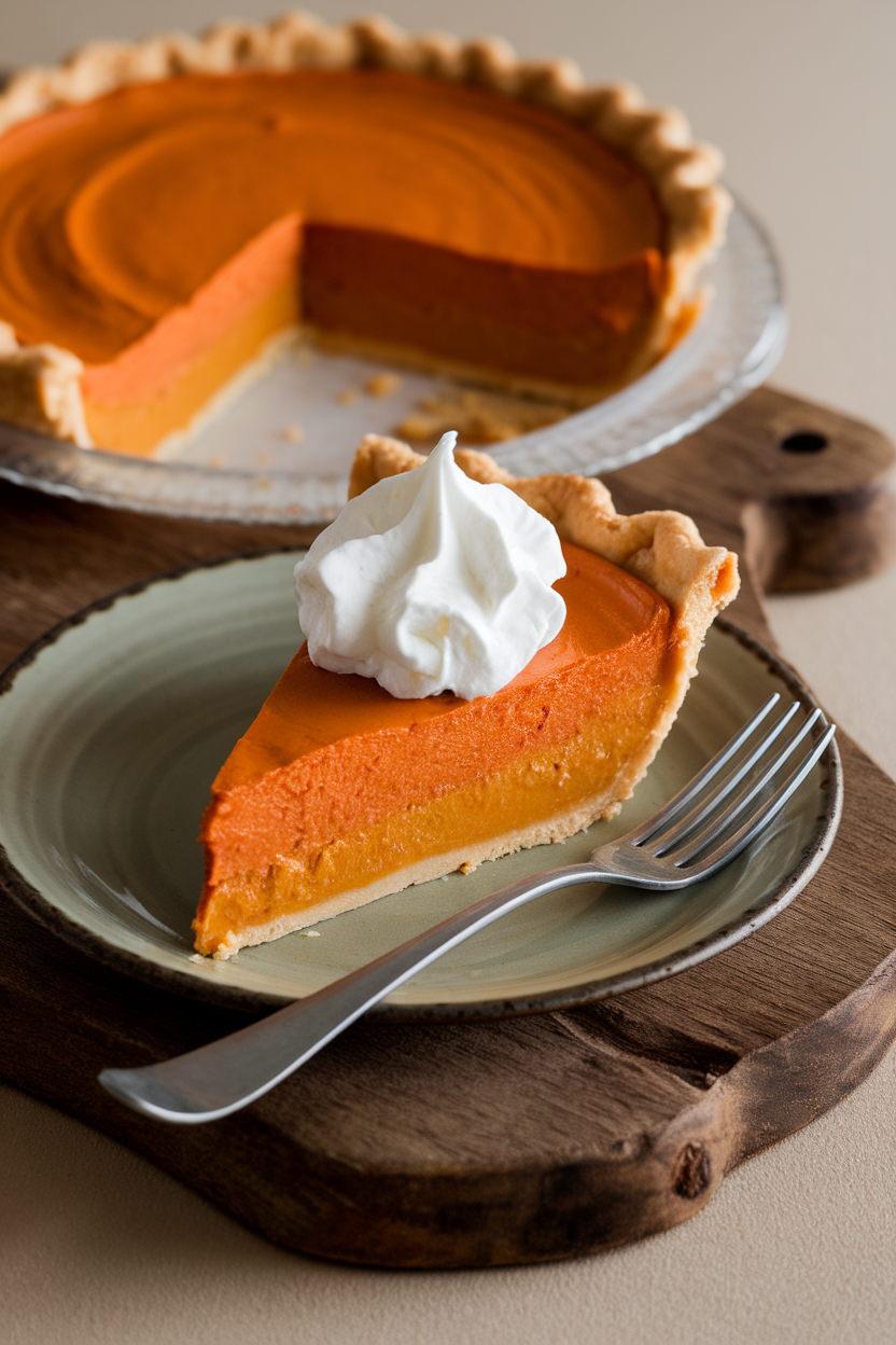 Indoor slice of sweet potato pie on a dessert plate, whipped cream peak on top, fork resting nearby. No text or logos.
