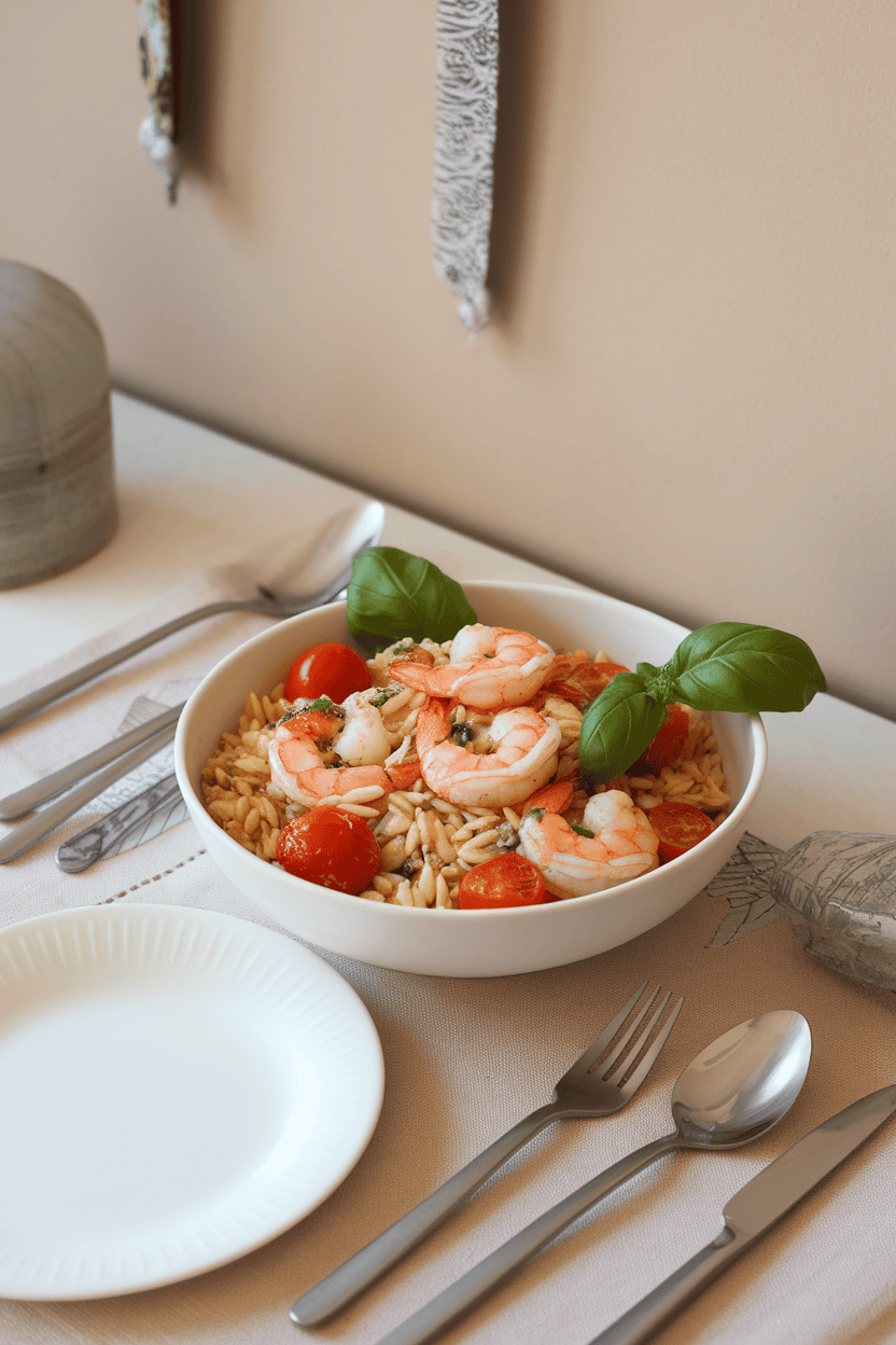 Photo of an indoor table setting with a bowl of cooked shrimp, orzo pasta, cherry tomatoes, and basil pesto lightly coating ingredients, no text or logos.