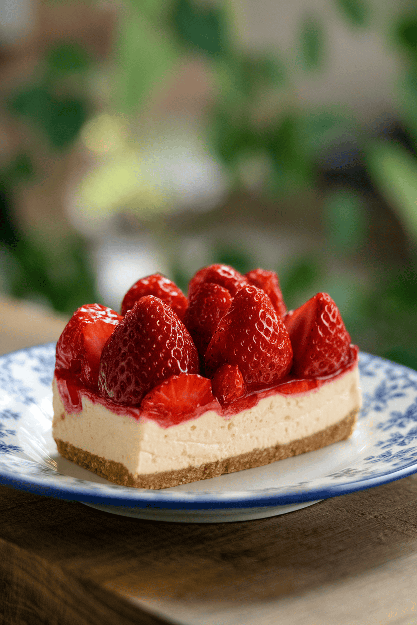 Indoor dessert plate holding a cheesecake bar topped with glossy roasted strawberries, graham crust visible on the bottom. No text or logos. Photo.