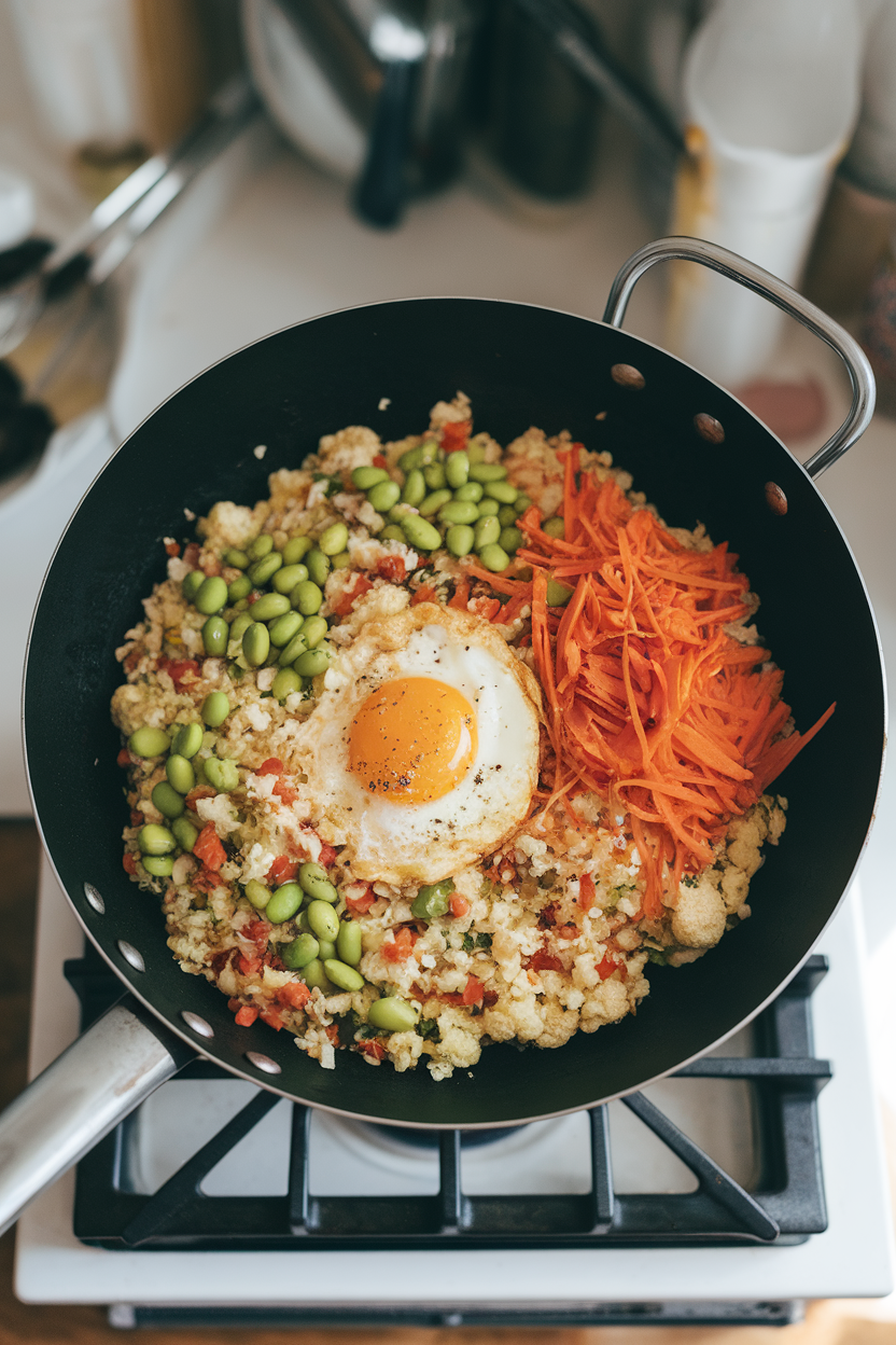 A wok set on an indoor range filled with colorful cauliflower rice, edamame, carrots, and scrambled egg, captured overhead. No text or logos, photo only.