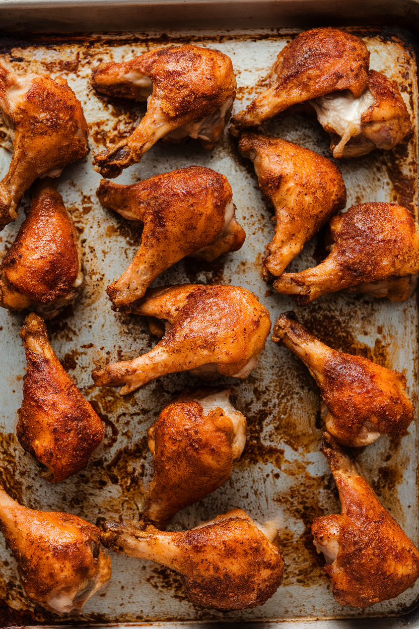 Indoor baking sheet of roasted turkey wings coated in Cajun spices, crispy skin glistening, no text or logos. Photo.