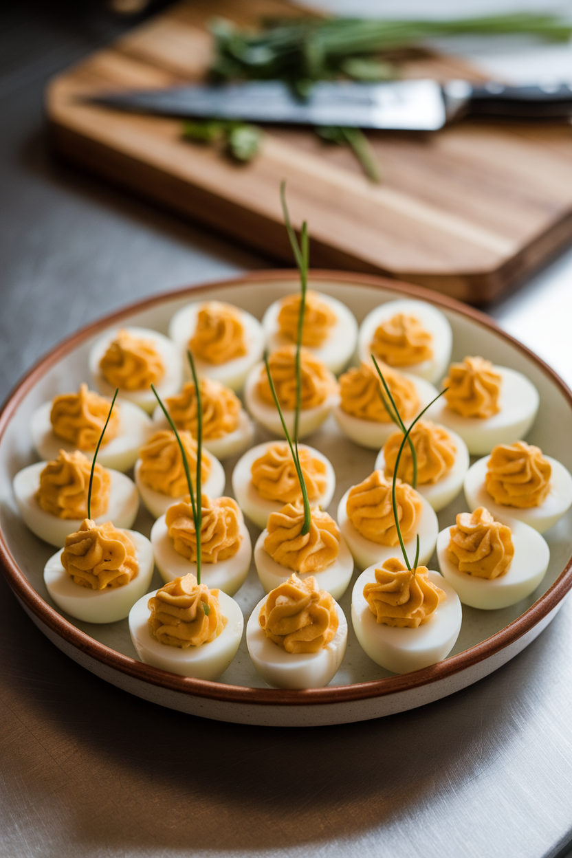 A ceramic platter of deviled eggs piped with bright orange filling and tiny chive “stems,” resting on a kitchen counter indoors. Photo, no text or logos.