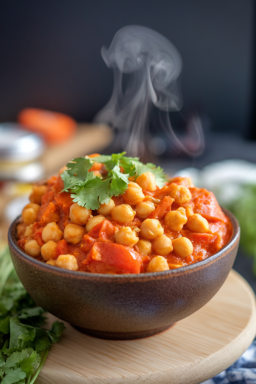 Indoor photo of a bowl of thick chickpea stew with tomatoes and carrots, garnished with cilantro, steam visible. No logos.