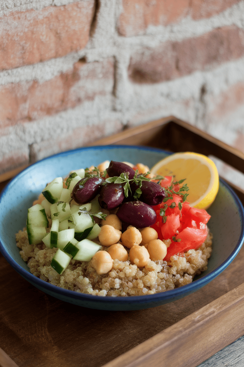 An indoor dining table featuring a shallow bowl of cooked quinoa topped with chickpeas, diced cucumber, tomato, kalamata-style ripe olives, and a lemon wedge. Herbs sprinkled on top add color. No text or logos present. Photo, not illustration.