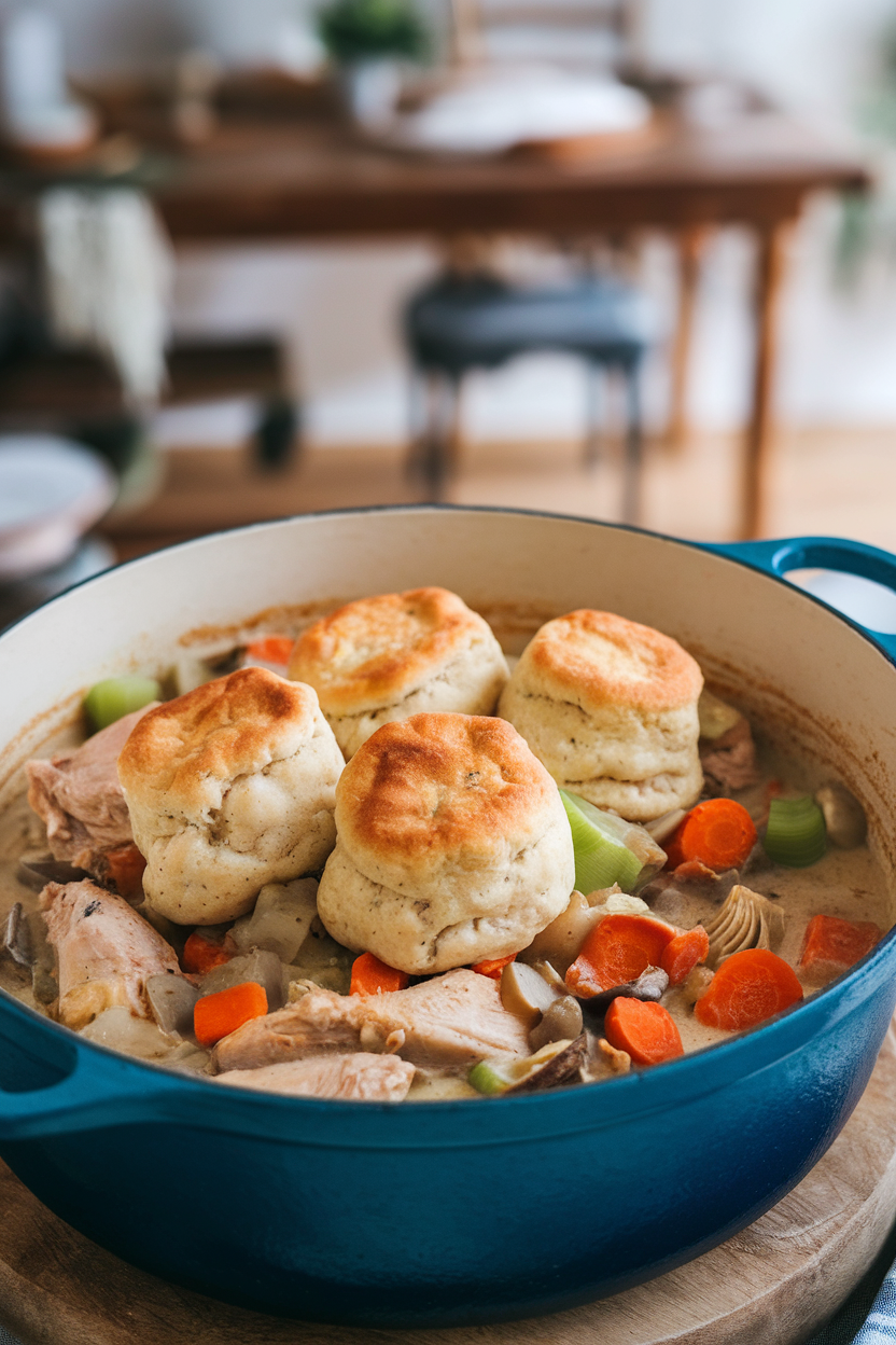 Indoor photo of a Dutch oven filled with creamy chicken stew and fluffy biscuit-style dumplings on top. No text or logos present.