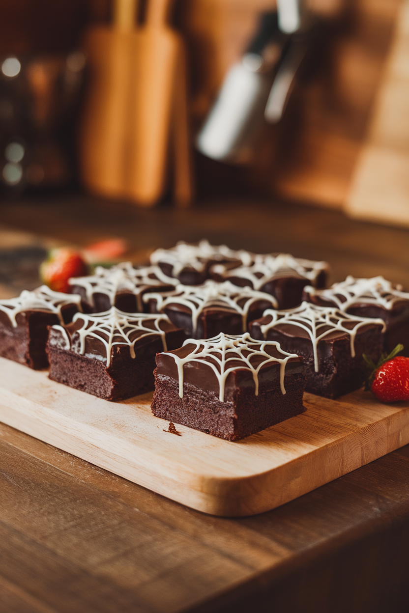 Photo of a cutting board indoors holding glossy chocolate brownies topped with white chocolate spiderweb designs piped in thin lines. Overhead view, warm kitchen lighting, no text or logos.