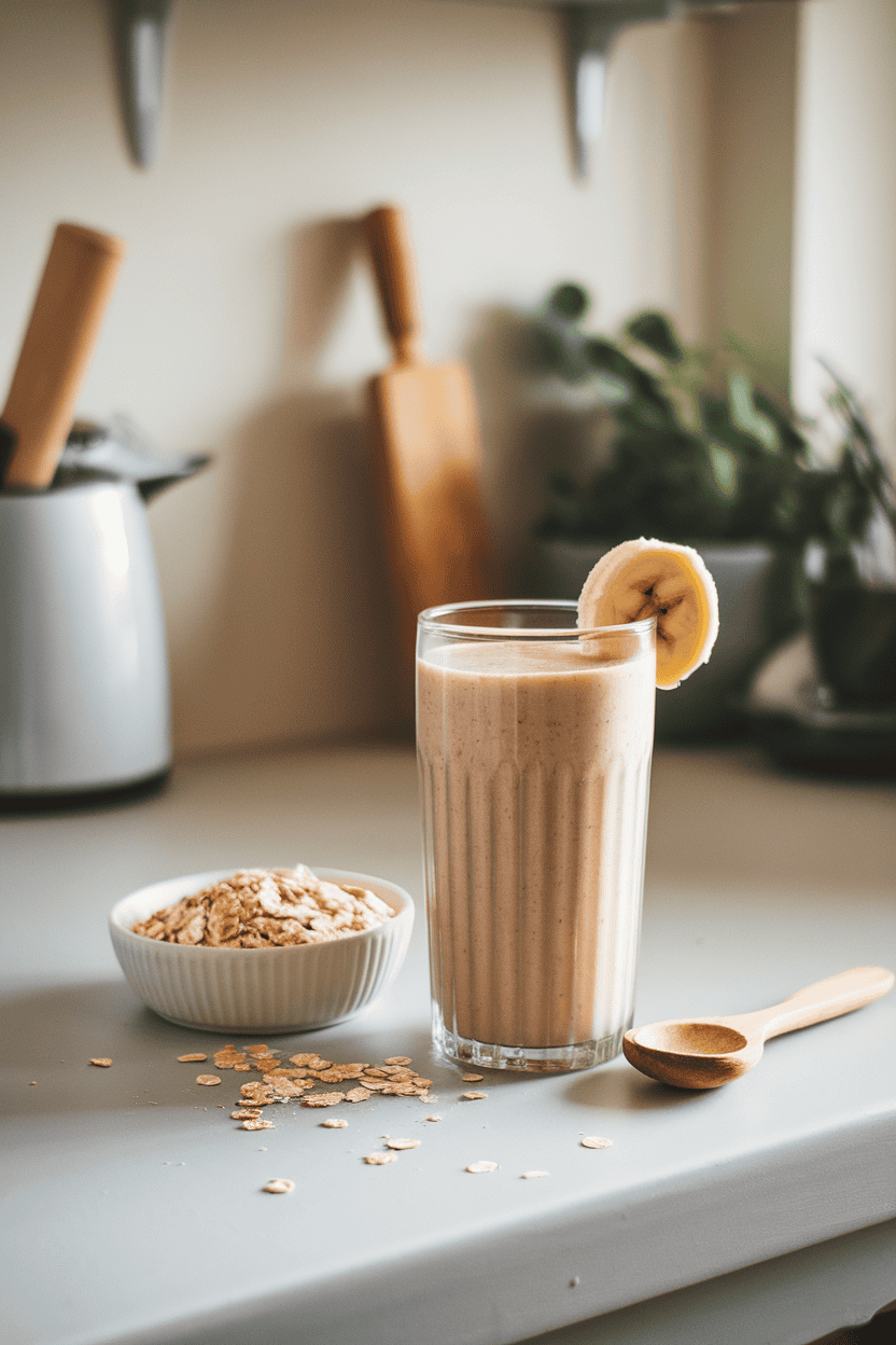 A softly lit indoor kitchen counter showing a tall glass of creamy banana-oat smoothie beside a small dish of rolled oats and a peeled banana slice on the rim. Photo only, no text or logos anywhere.
