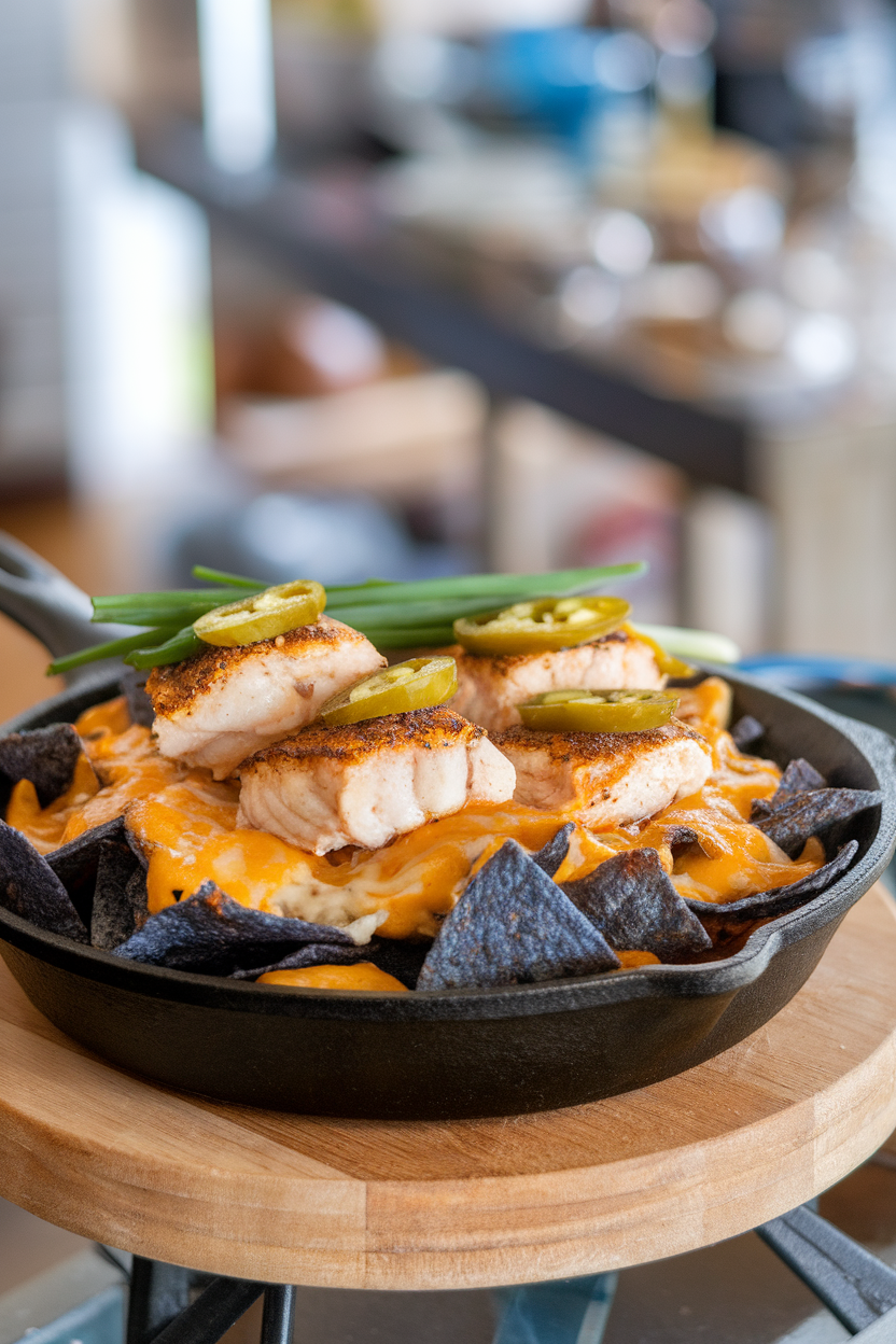 An indoor cast-iron skillet layered with blue corn chips, chunks of blackened tilapia, melted cheese, and pickled jalapeños. No text or logos present. Photo, not illustration.