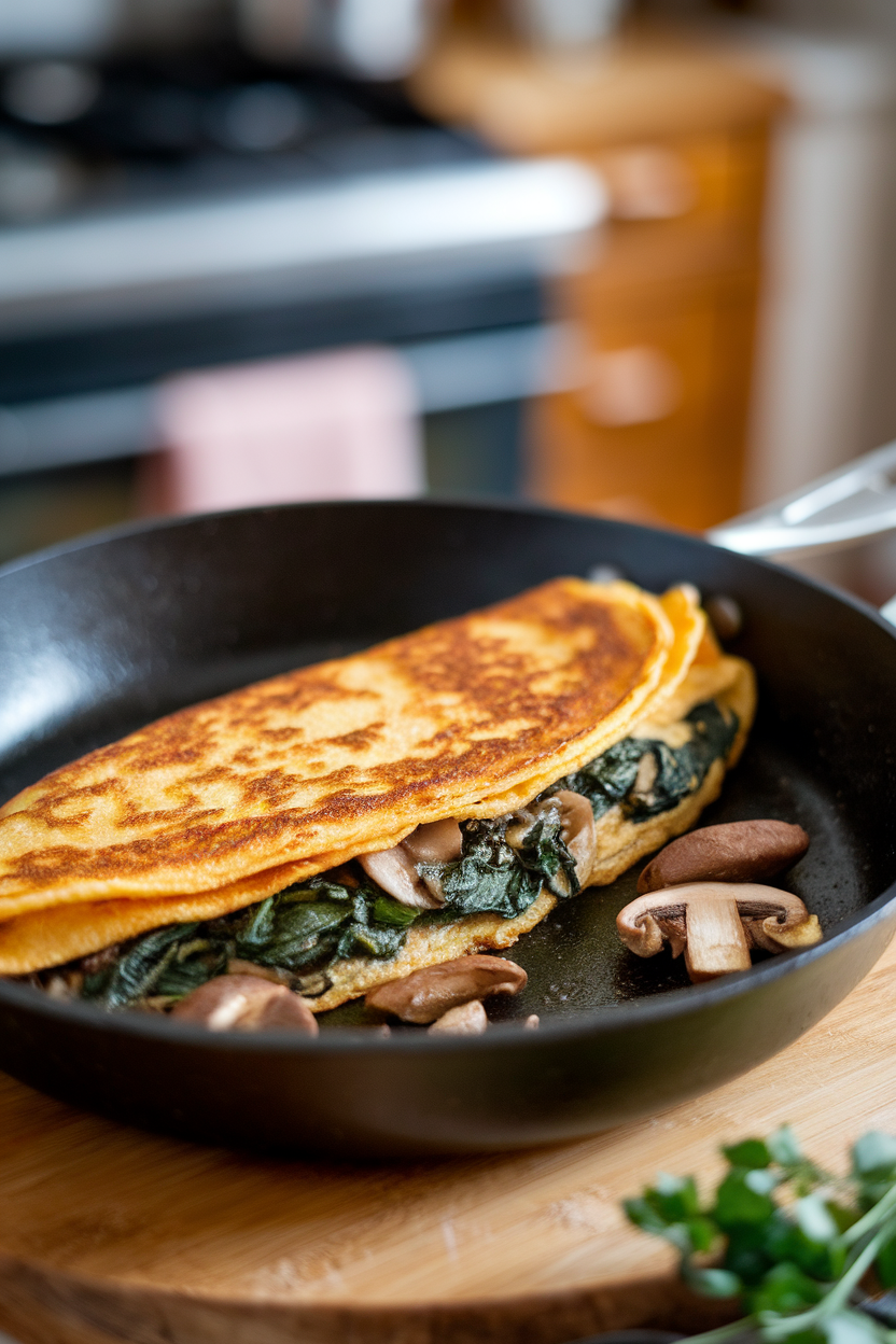 An indoor skillet showcasing a folded chickpea-flour omelet stuffed with sautéed spinach and mushrooms, photographed from above. No text or logos anywhere.
