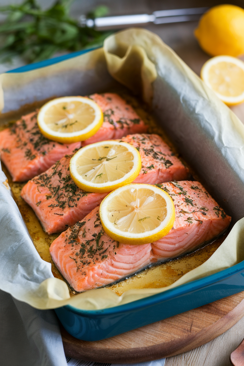 Parchment-lined baking dish holding fully cooked salmon fillets topped with melting herb butter and lemon slices, photographed indoors. No text or logos. Photo.