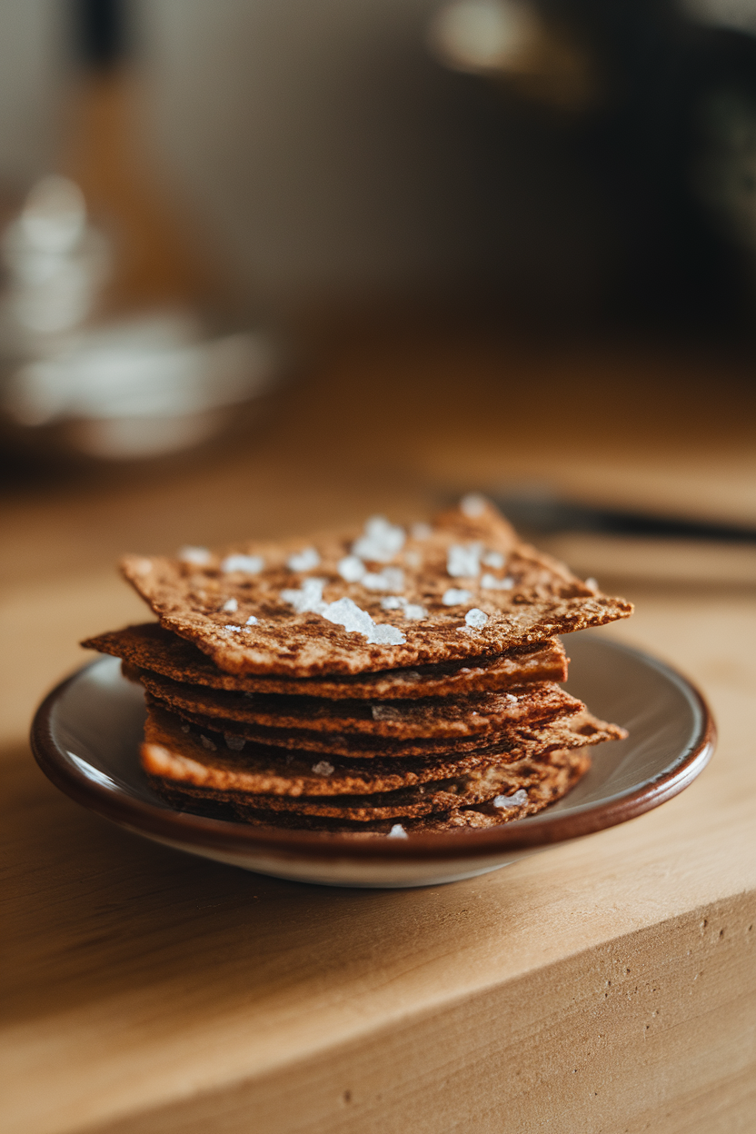 Indoor photo of a small plate stacked with thin, rustic rye sourdough crackers sprinkled with sea salt flakes. Cozy countertop lighting, no text or logos.
