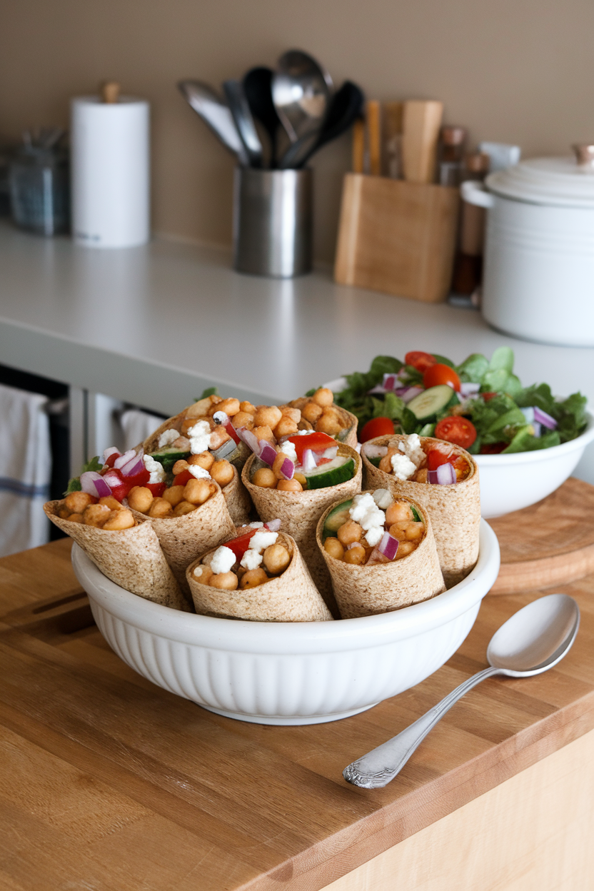 An indoor kitchen island with whole-grain wraps stuffed with chickpeas, diced cucumber, tomato, red onion, and crumbled feta. No text or logos, photo style.