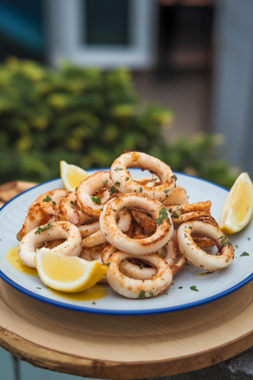 An indoor plate of cooked calamari rings, lightly charred, sprinkled with oregano and served with lemon wedges. No text or logos. Photo, not illustration.