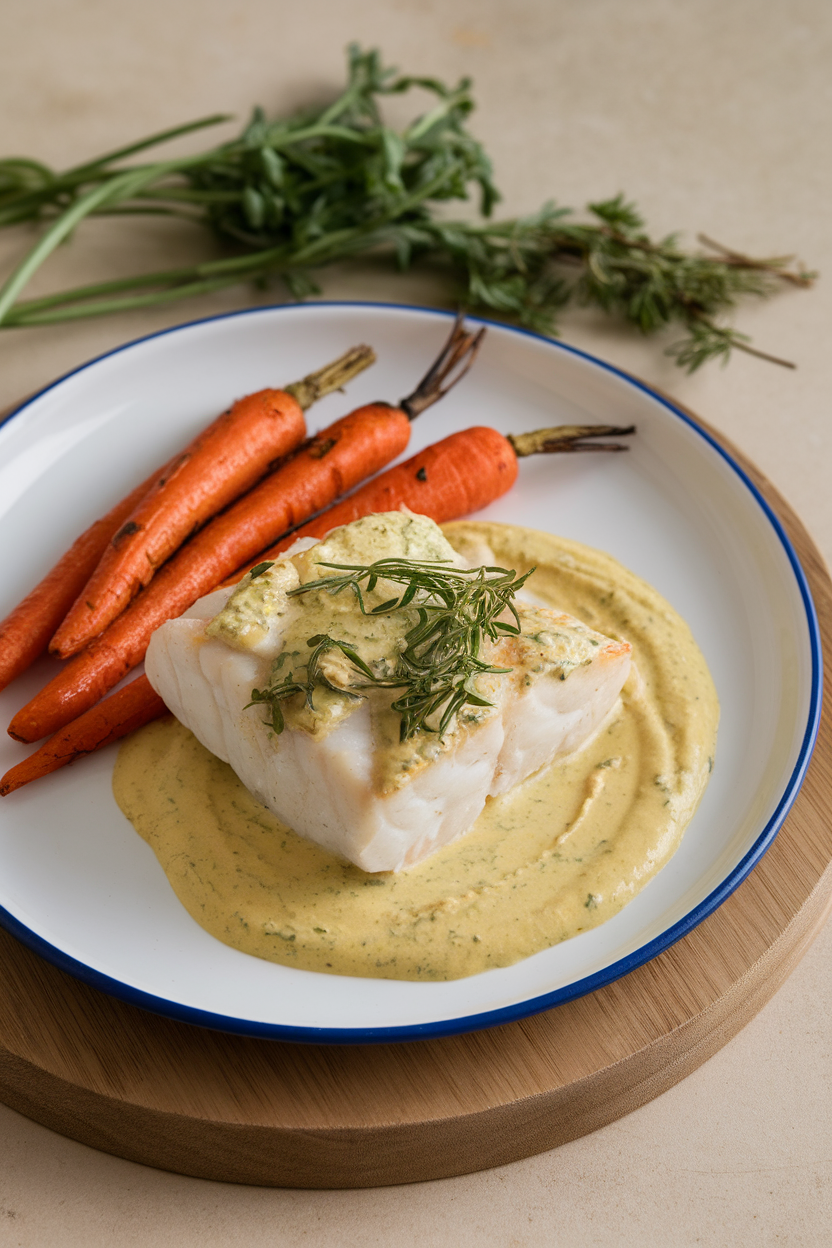Indoor plate of cod with pale yellow mustard-tarragon cream, accompanied by roasted baby carrots. No text or logos.