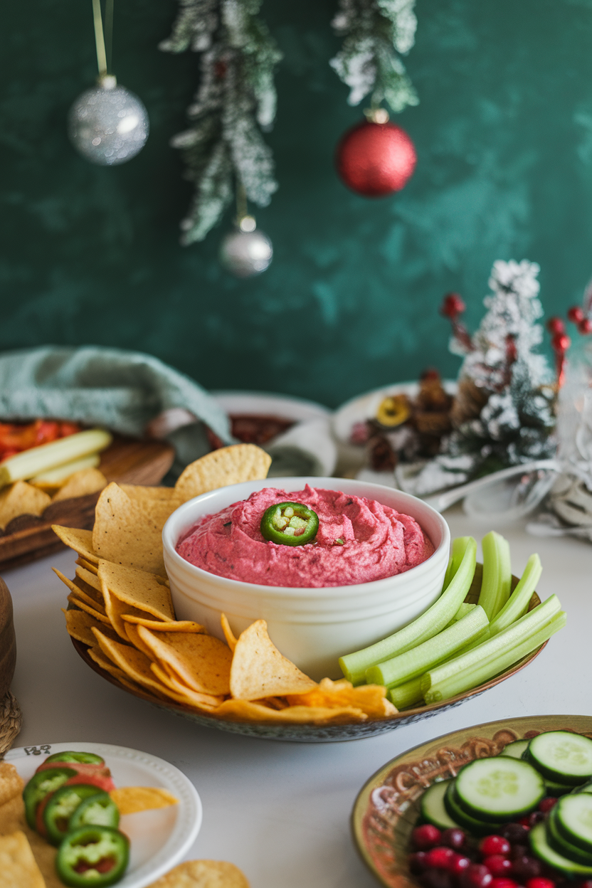 Indoor festive table with a shallow white bowl of pink cranberry jalapeño dip, surrounded by tortilla chips, celery sticks, and sliced cucumbers. No text or logos. Photo only.
