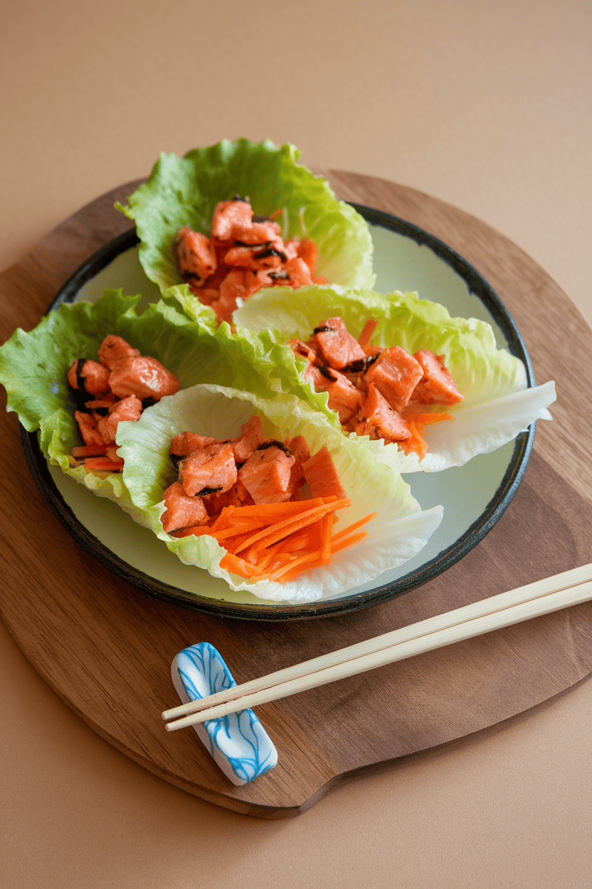 Indoor plate displaying butter lettuce leaves filled with teriyaki glazed salmon flakes and shredded carrots. Photo only, no logos or text.