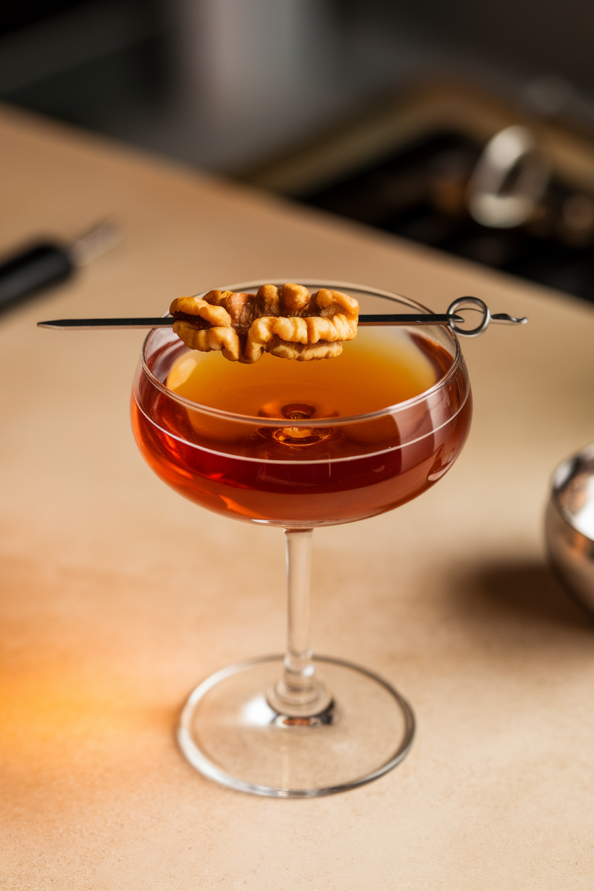 Photo of a coupe indoors, deep amber maple walnut Manhattan, candied walnut resting on a cocktail pick. No text or logos.