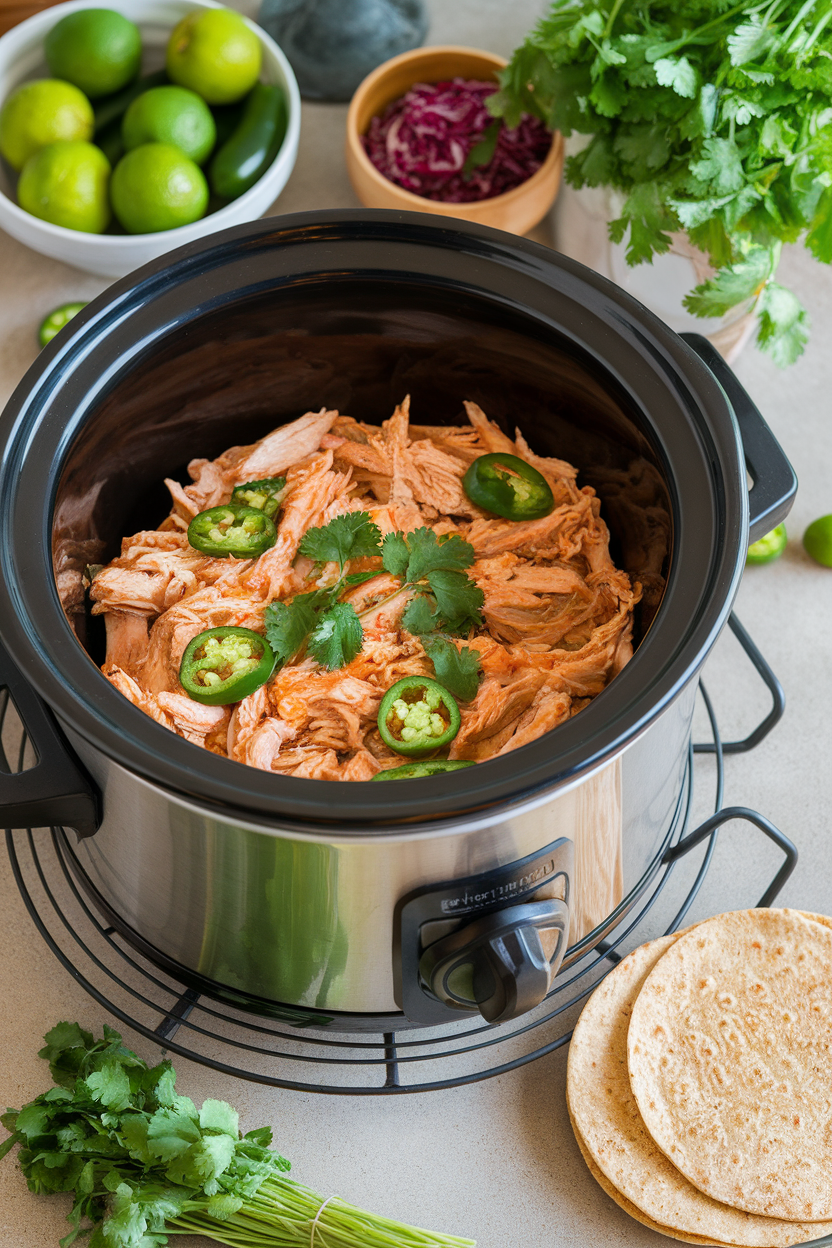 An indoor countertop with a slow-cooker pot showing shredded salsa verde chicken ready to be scooped onto whole-grain tortillas. No logos or text, photo style.