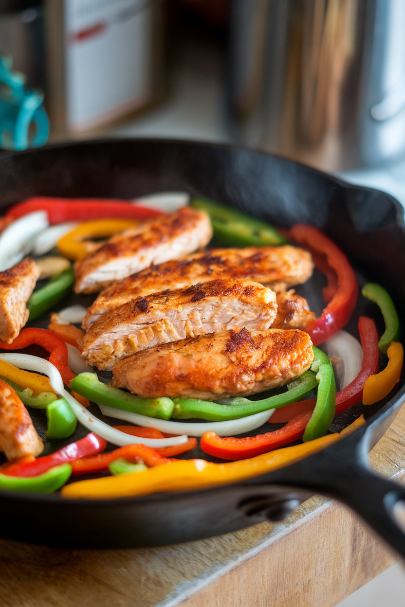 Indoor skillet of sizzling cooked chicken fajita strips with colorful peppers and onions. No text or logos. Photo.