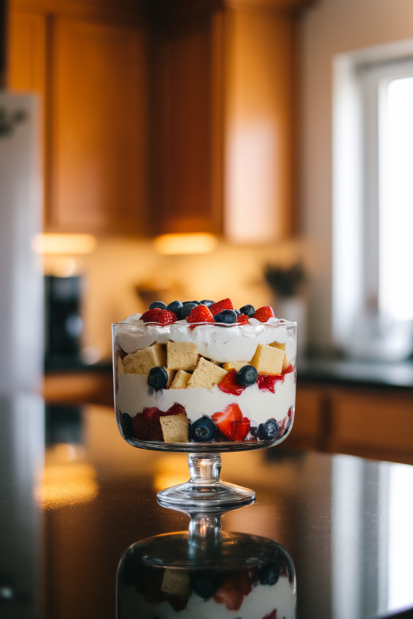 A warmly lit indoor kitchen island displaying a clear glass trifle bowl layered with cubes of vanilla cake, whipped cream, blueberries, and strawberries, shot from a slight overhead angle. No text or logos present; photo, not an illustration.