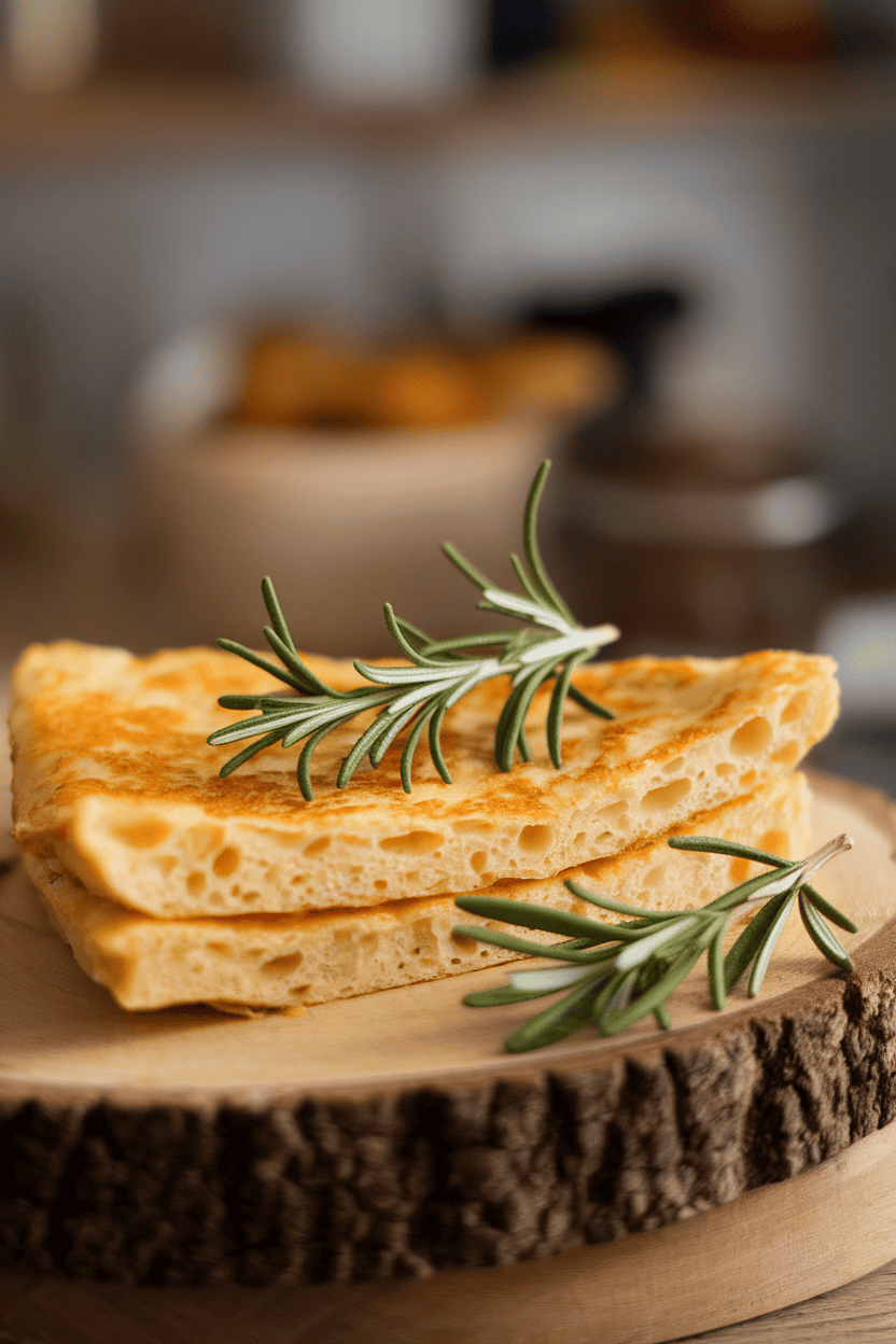 Indoor photo of a wedge of chickpea flour socca topped with rosemary sprig on a wooden board. No text or logos.