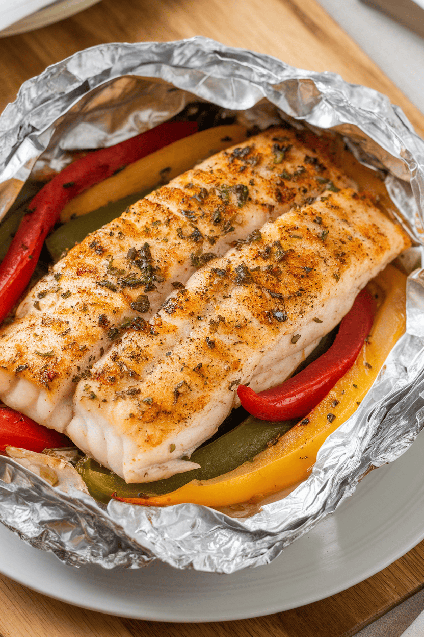 Indoor photo of seasoned catfish fillet cooked in foil with bell peppers and onions, flaky texture shown; no logos or text.