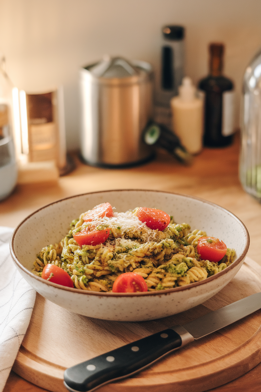 An indoor dining table displaying a bowl of whole-wheat pasta coated in vibrant green pesto, studded with halved cherry tomatoes and a sprinkle of parmesan. No logos or text.