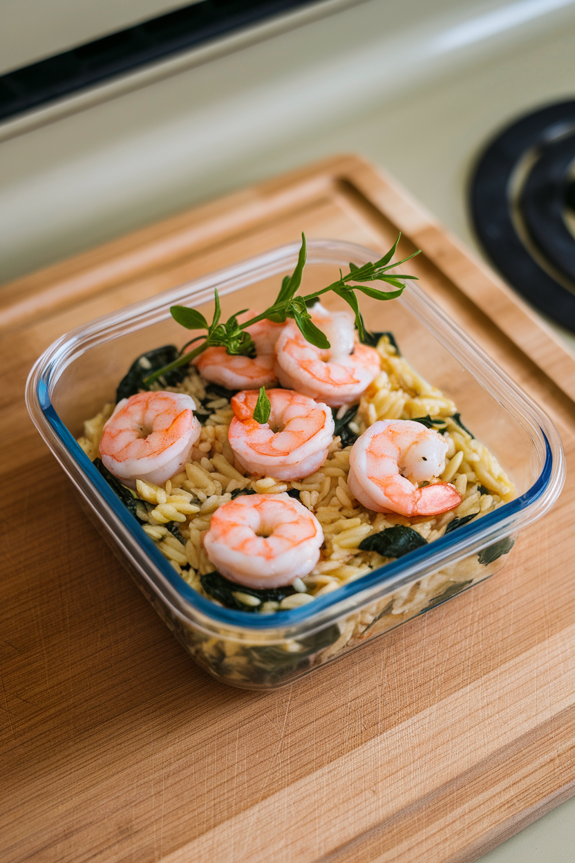 Photo, indoor stove-side scene showing a meal-prep container of cooked shrimp nestled in lemony orzo dotted with spinach; no text or logos.