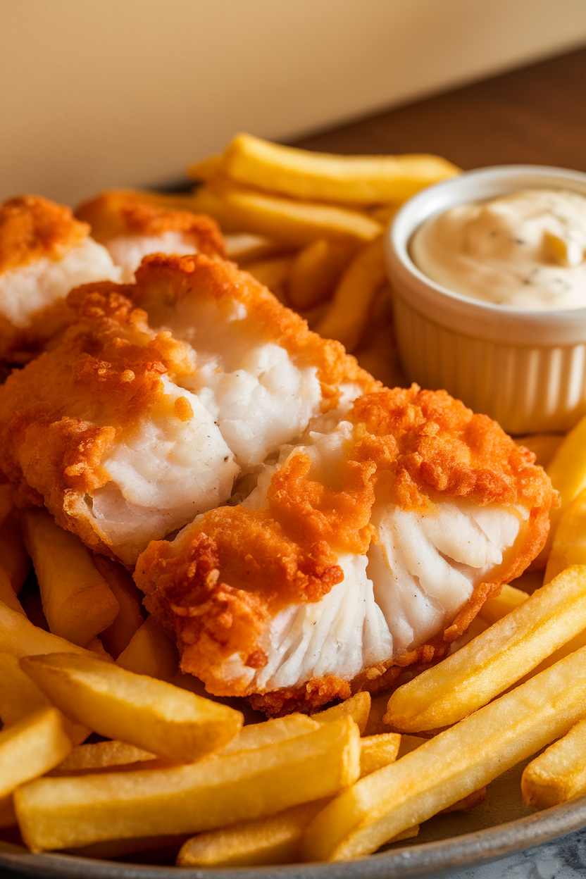 Indoor photo of golden battered cod fillets with thick-cut fries, ramekin of tartar sauce, no text or logos. Photograph, not illustration.