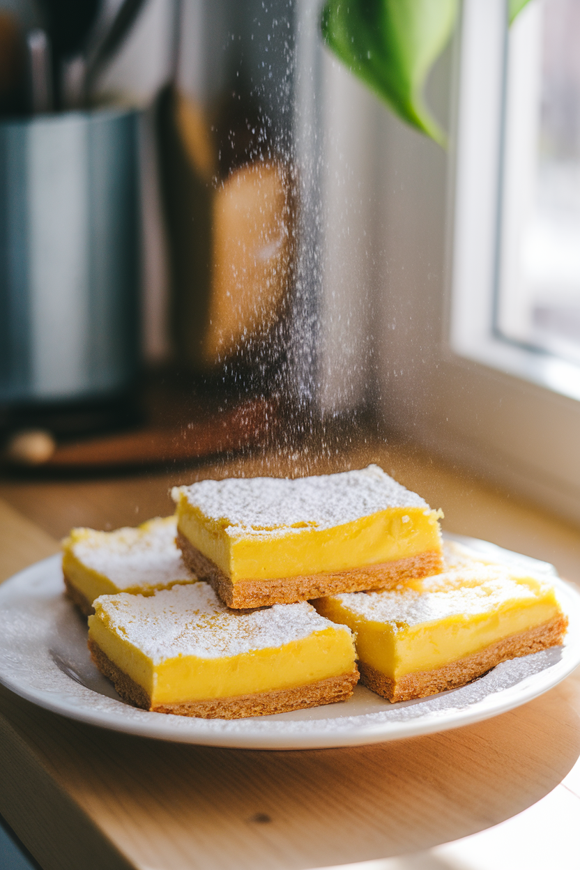 Bright indoor photo of lemon bars dusted with powdered sugar on a white plate, sunlight from a nearby window highlighting the vivid yellow filling. No text or logos.