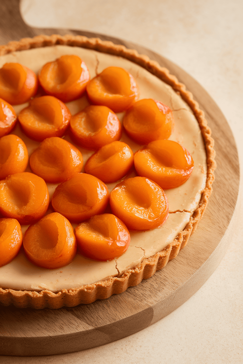 Indoor photo of a thin almond frangipane tart topped with glazed apricot halves, no text or logos