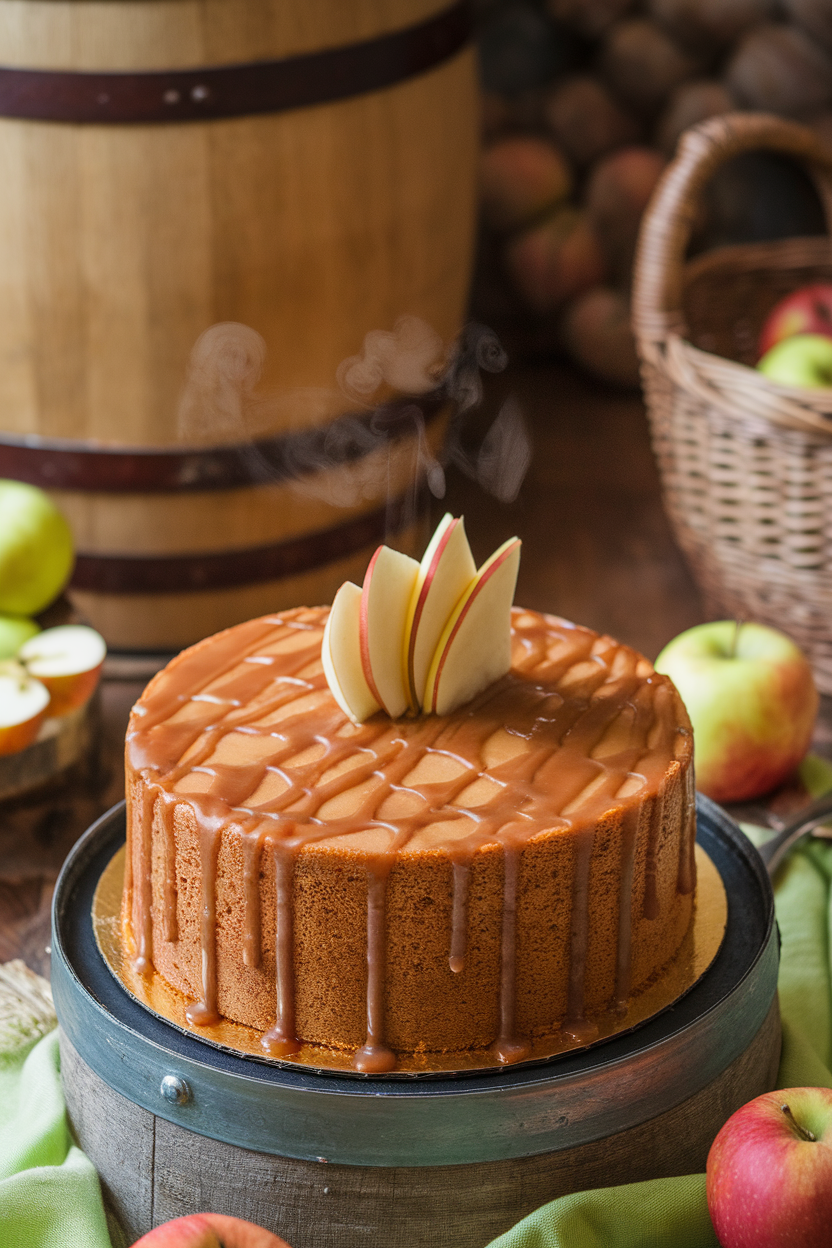 A rustic indoor scene showing a round apple spice cake with caramel drizzle and thin apple-fan garnish at center, steam rising gently. Photo, no text or logos.