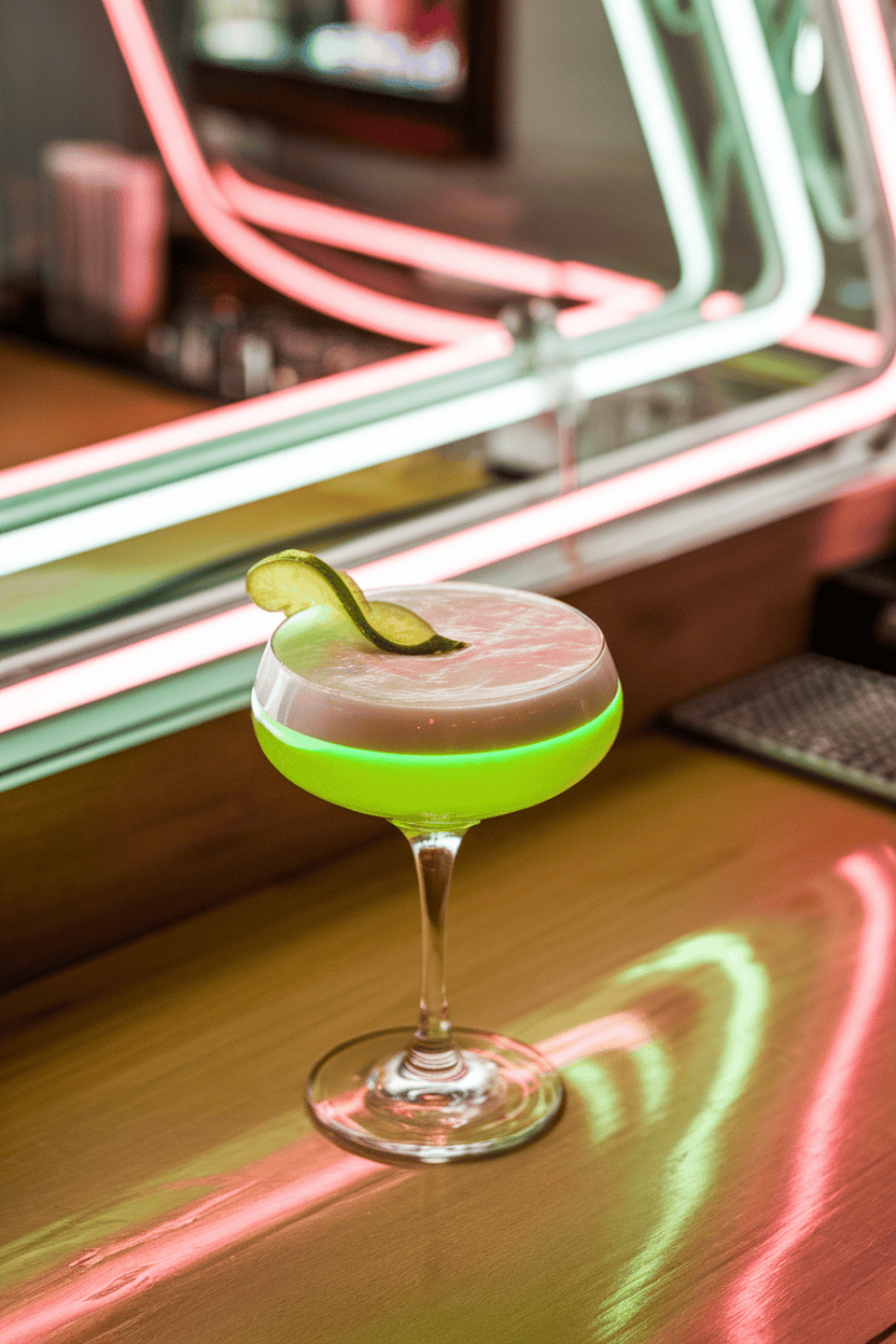 Indoor neon-lit bar showing coupe glass of glowing green sour topped by creamy foam, lime zest line; no text or logos, photo.