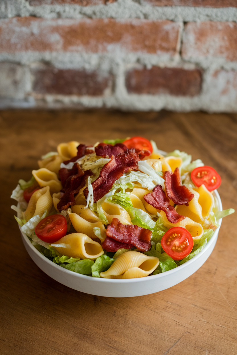 Photo of a bowl indoors filled with pasta shells, crispy bacon pieces, halved cherry tomatoes, and shredded lettuce, lightly dressed. No text or logos.