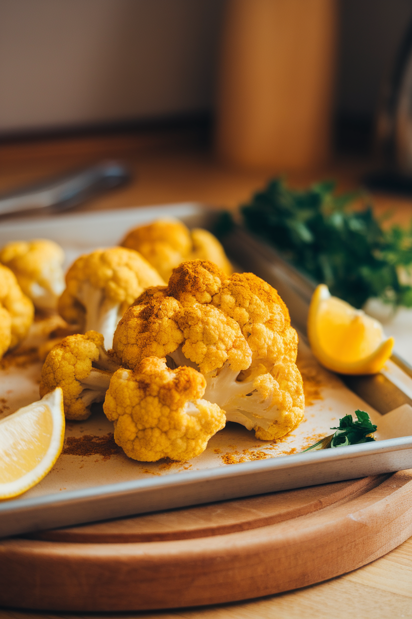 An indoor kitchen tray showing golden roasted cauliflower florets dusted with turmeric and cumin; no logos or text, warm lighting.