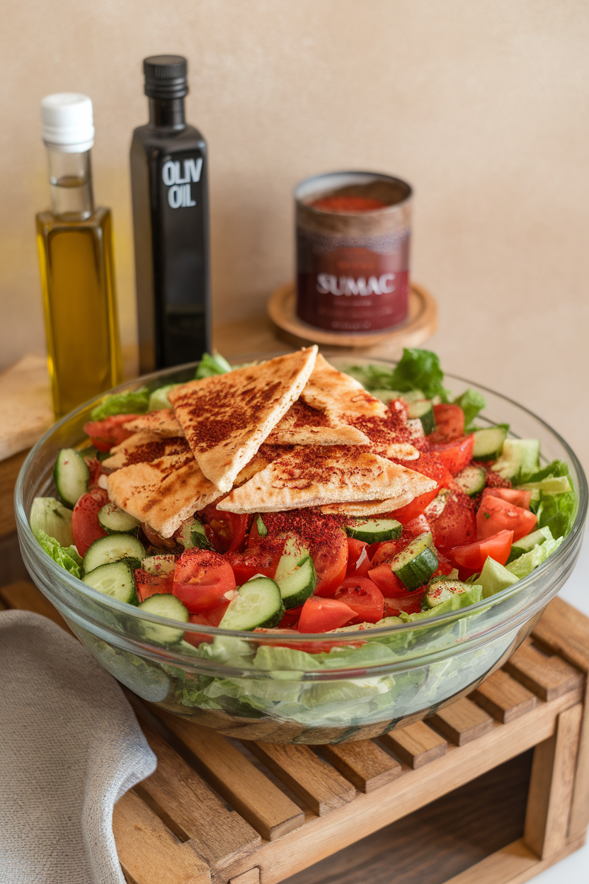 Photo of a large indoor salad bowl brimming with chopped tomato, cucumber, romaine, and toasted pita shards, sprinkled with sumac; no text or logos.
