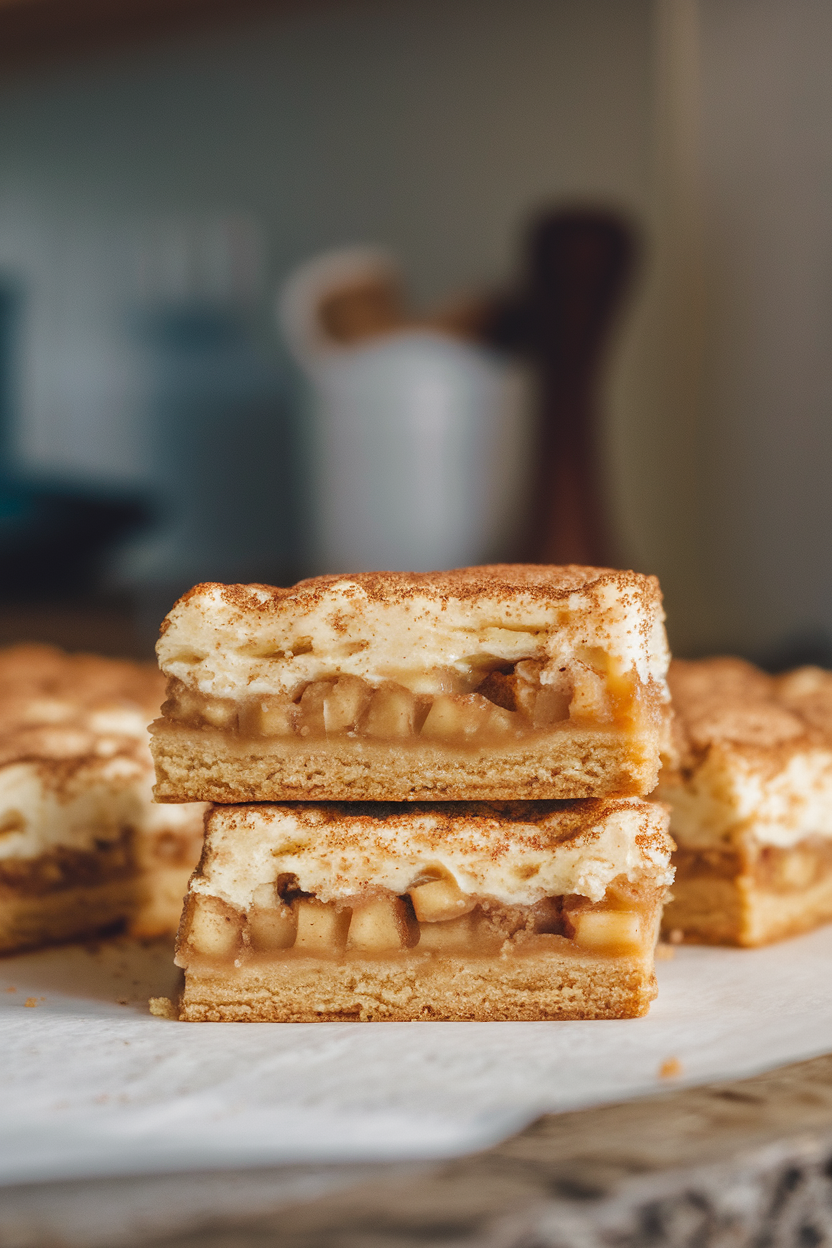 Photo of layered snickerdoodle bars with apple pie filling in the middle, indoor countertop, no logos or text.