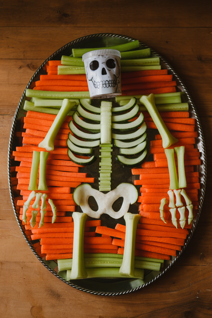 Photo of celery, carrots, and cucumber arranged as a skeleton on a large platter, ranch cup as the skull, indoor lighting. No text or logos.