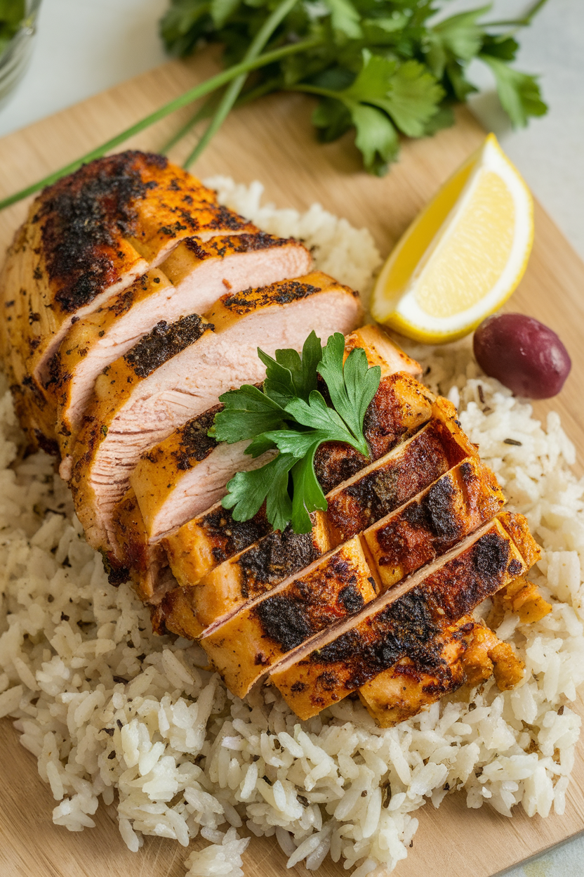 Photo, indoor cutting board featuring sliced cooked chicken shawarma with charred edges, parsley garnish; no text or logos.