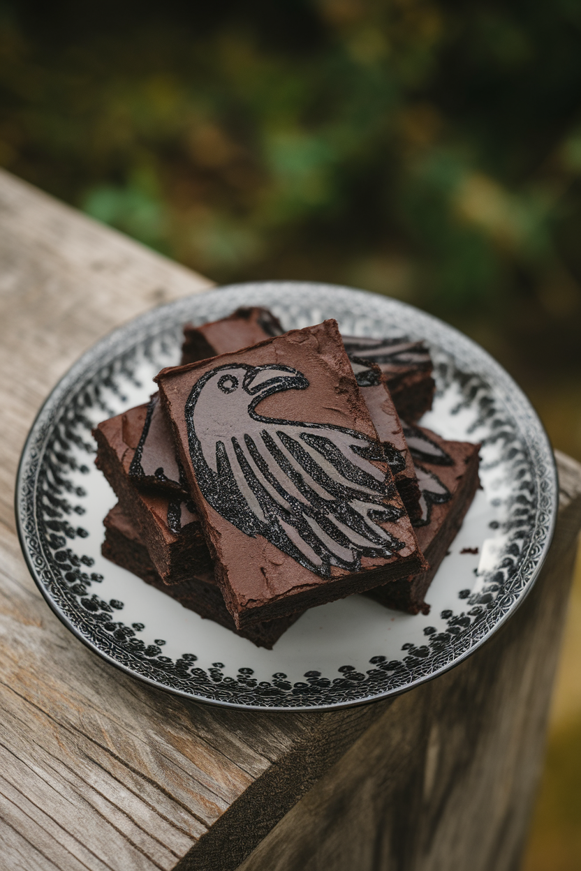 Indoor shot of dark brownies with black cocoa feather patterns painted on using edible glitter, creating a raven motif; no text or logos