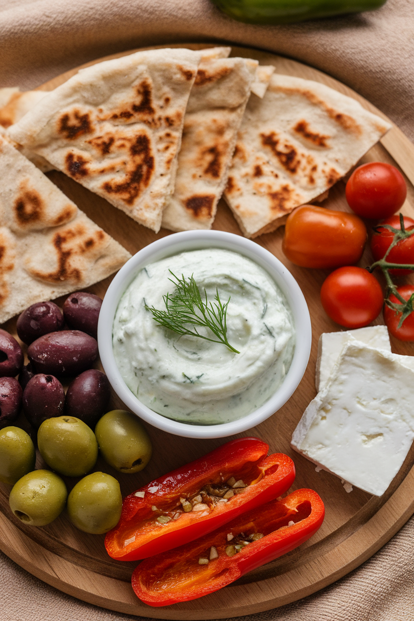 An indoor mezze spread with a bowl of cucumber tzatziki, dill sprig on top, pita wedges nearby. Photo, no text or logos.