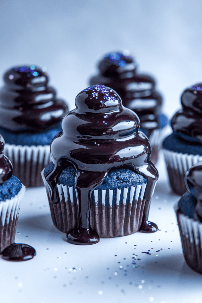 Indoor photo of deep indigo blueberry cupcakes with shiny blackberry glaze dripping down the sides, garnished with edible glitter; no text or logos