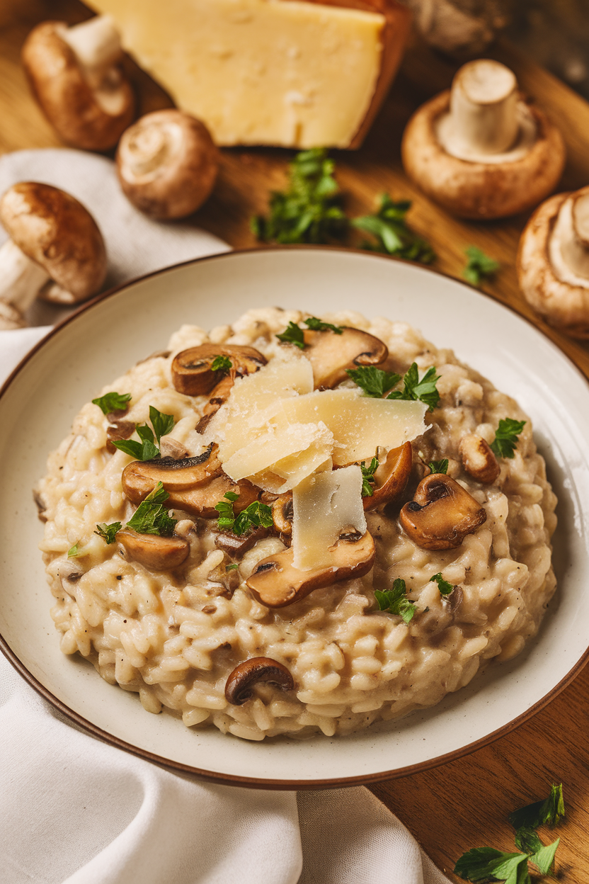 Indoor photo of a creamy plate of mushroom risotto topped with shaved Parmesan and parsley. Warm lighting, no text or logos.