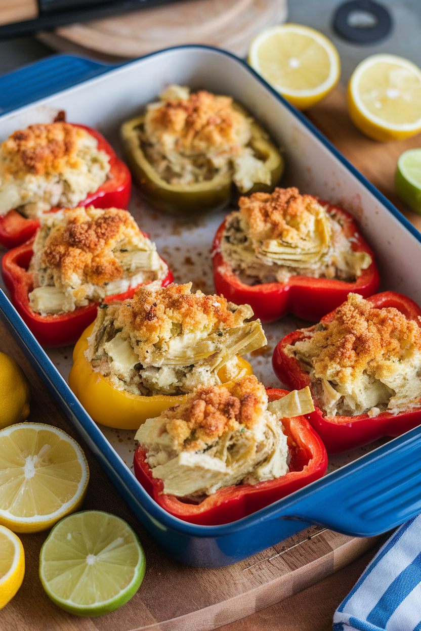 An indoor baking dish filled with halved mini bell peppers stuffed with creamy artichoke parmesan mixture, tops lightly browned. No text or logos. Photo only.
