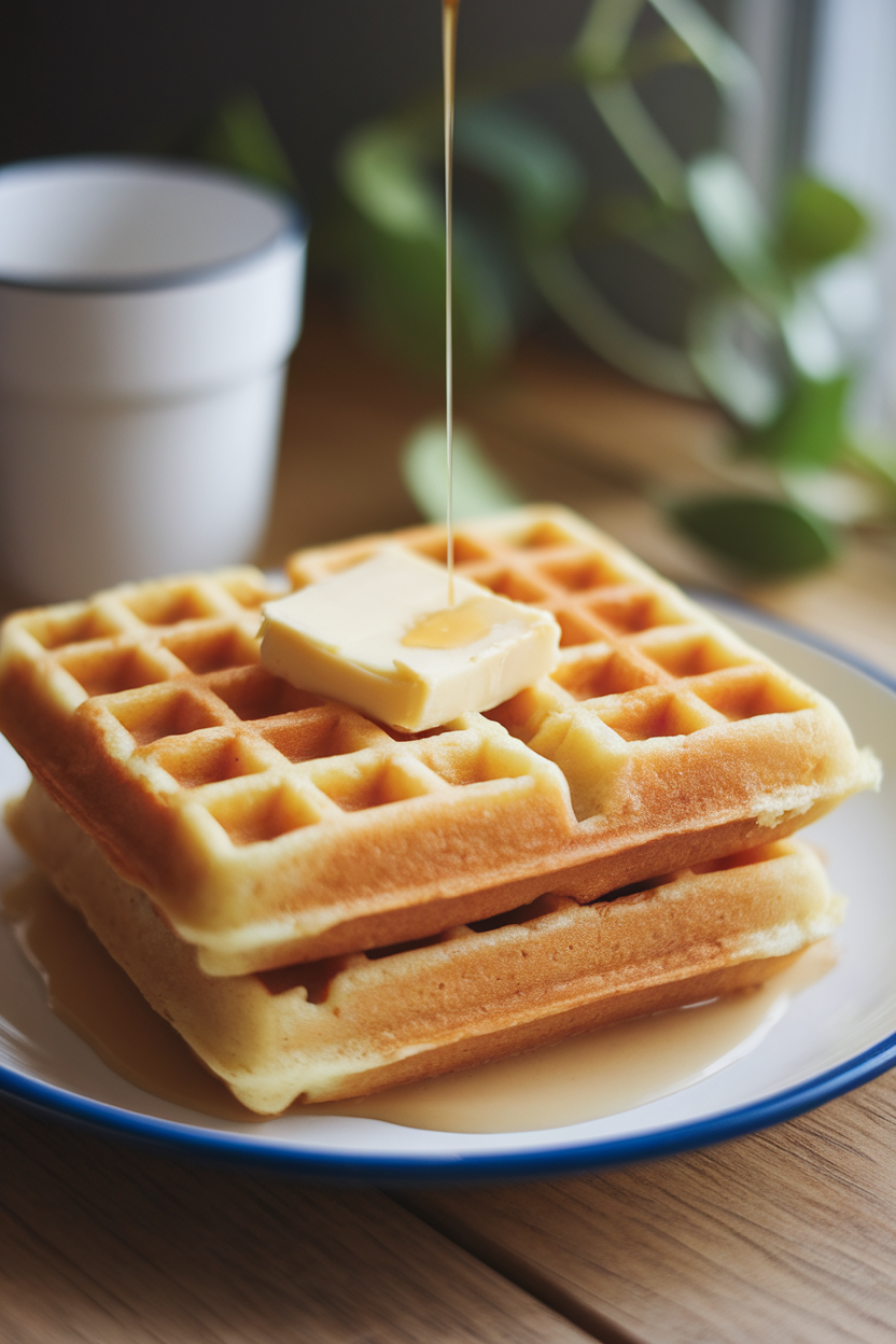A pair of golden almond-flour waffles stacked on an indoor brunch plate with a pat of dairy-free butter melting on top, captured at table height. No text or logos present.