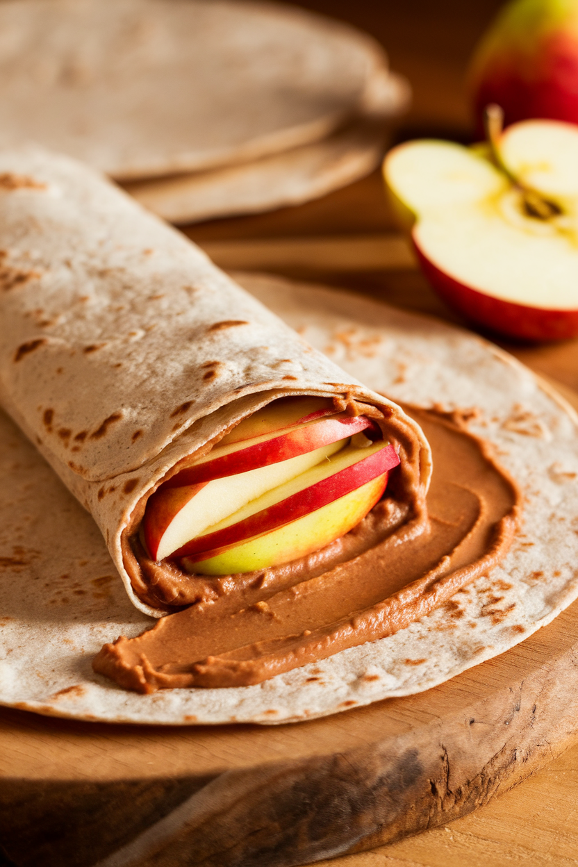 An indoor lunchbox view of a whole-wheat tortilla spread with almond butter, layered with apple slices and rolled tight. No logos or text; photo only.